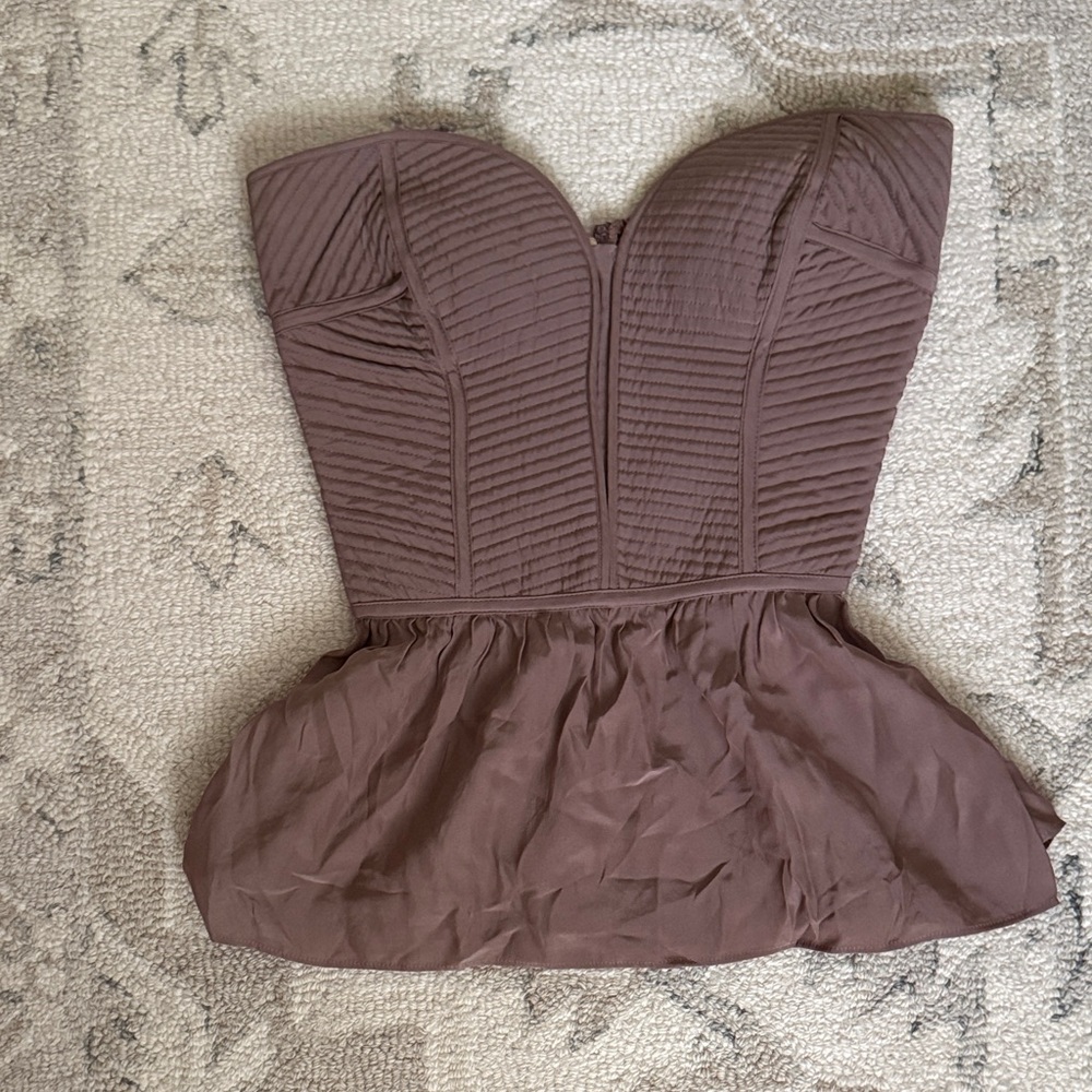 100% Silk Strapless Peplum Bustier Top in Mauve